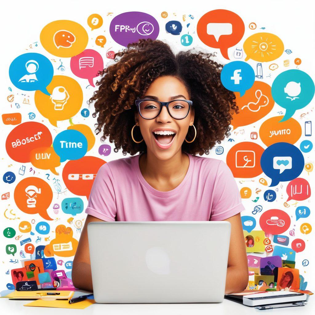 A vibrant collage of diverse people joyfully expressing themselves through writing and speaking, surrounded by colorful speech bubbles and digital icons symbolizing blogging. Include a microphone, a laptop, and various social media logos in the background. The scene should radiate positivity and creativity, capturing the essence of thriving in the blogosphere. super-realistic. vibrant colors. white background.