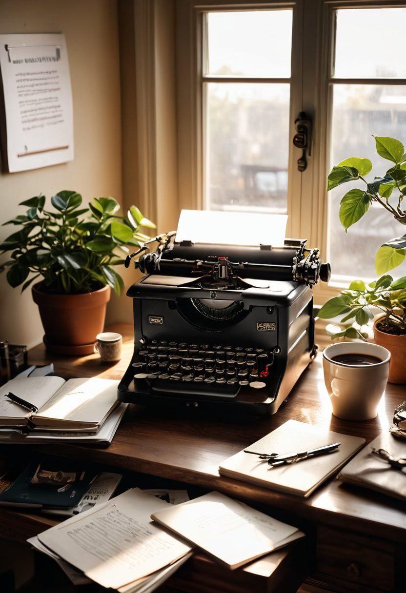 A cozy writing nook with a vintage typewriter on a wooden desk, surrounded by open notebooks filled with handwritten notes and sketches. A steaming cup of coffee sits nearby, while sunlight streams through a window, illuminating inspirational quotes on the wall. A potted plant adds a touch of nature, creating an inviting and creative atmosphere for writers. super-realistic. warm tones. soft lighting.