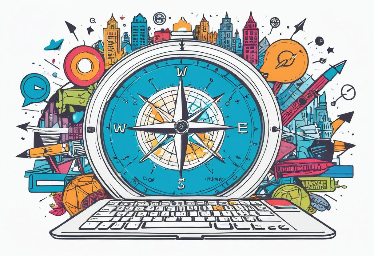 A vibrant illustration of a compass made of various blogging tools like a keyboard, camera, and notepad, with arrows pointing towards different colorful blog categories like food, travel, and technology. The background features a stylized city skyline representing the blogosphere, along with speech bubbles filled with engaging content ideas. The overall vibe should be dynamic and creative. vector art. vibrant colors. white background.